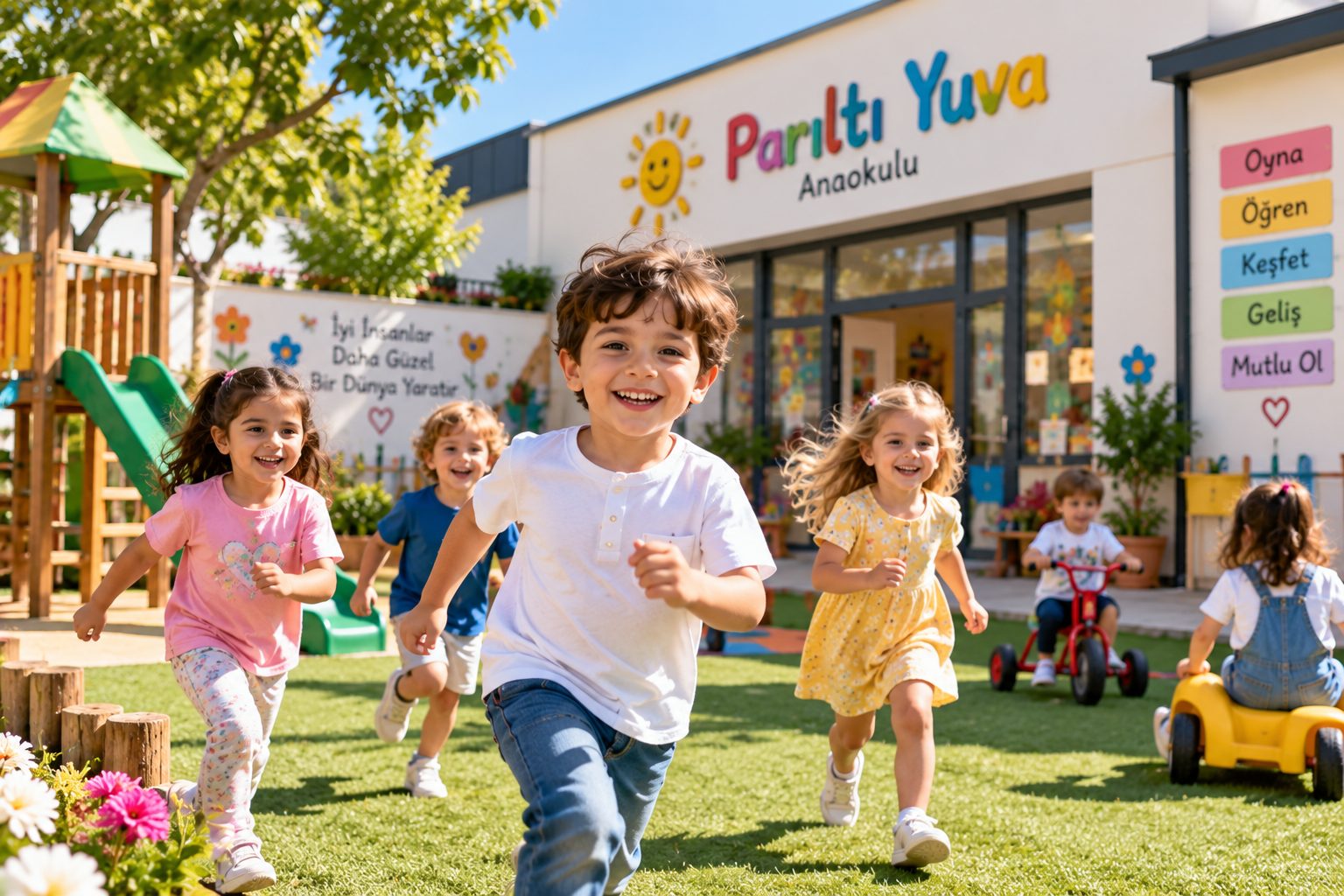 Parıltı Yuva anaokulu bahçesinde oynayan çocuklar